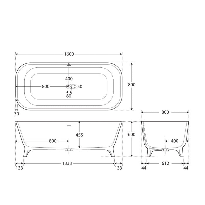 Fienza Hampton Solid Surface Bath 1600mm - Matte White-ST17-blue-leaf-bathware