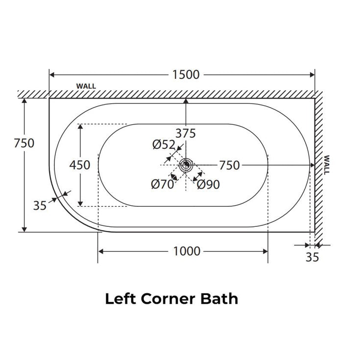 Fienza Isabella Corner Bath 1500mm-blue-leaf-bathware