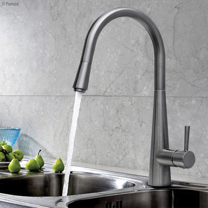 Fienza Isabella Deluxe Gooseneck Pull-Out Kitchen Mixer - Brushed Nickel-213116BN-blue-leaf-bathware