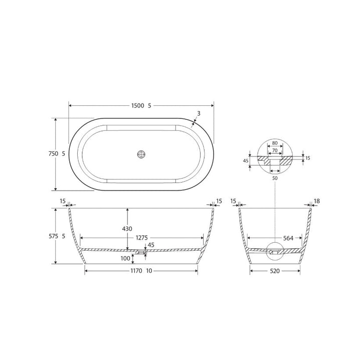 Fienza Kaya Solid Surface Bath - Matte White-blue-leaf-bathware