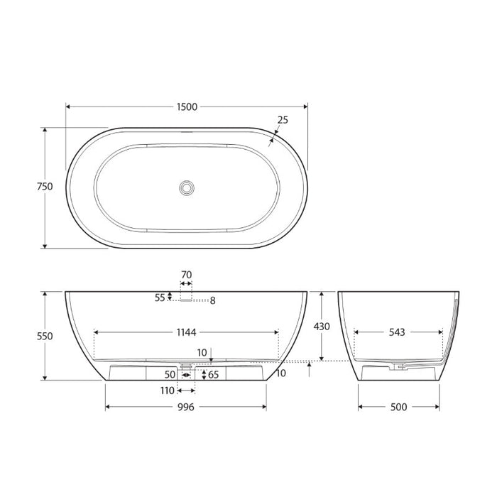 Fienza Luciana Solid Surface Bath - Matte Black-blue-leaf-bathware