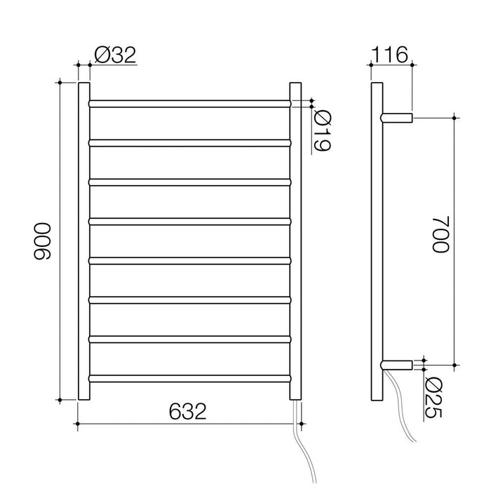 Caroma Liano II Heated Towel Ladder - Gun Metal - Technical Drawing