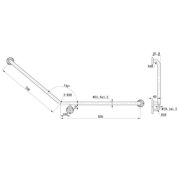 Linsol 850 x 700mm Stainless Steel Grab Rail Left Hand Angle - Brushed Stainless 