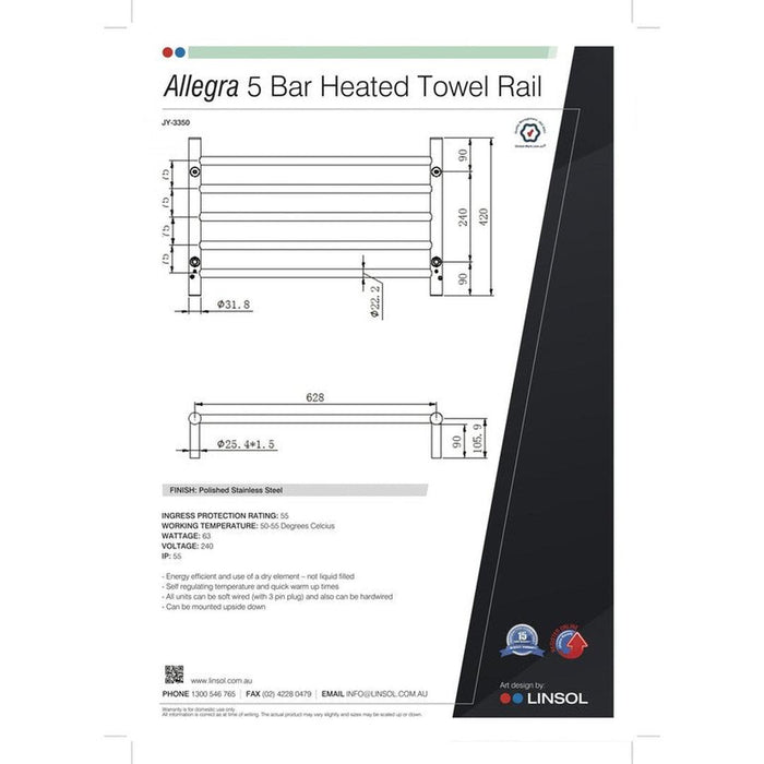Linsol Allegra Heated Towel Rail 5 Bar 