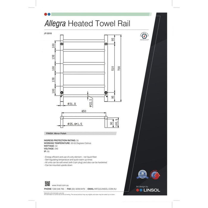 Linsol Allegra Heated Towel Rail 6 Bar 