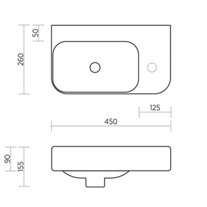 Linsol Clay 450mm Wall Hung Basin with Left Hand Bowl - Gloss White 