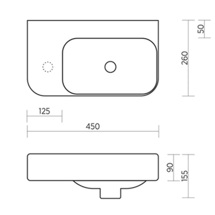 Linsol Clay 450mm Wall Hung Basin with Right Hand Bowl - Gloss White 