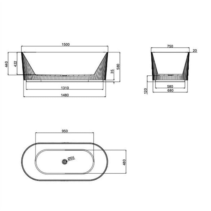Linsol Cleo 1500mm Freestanding Bath - Matte White 
