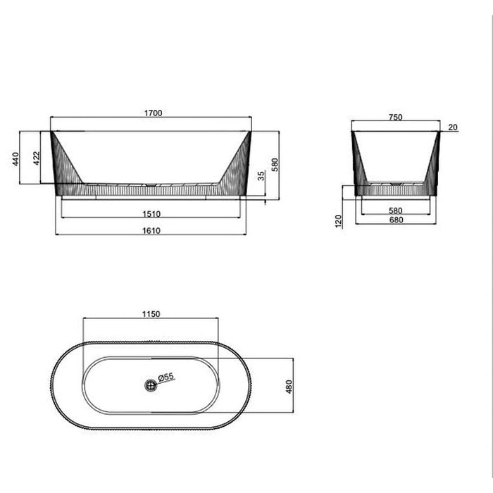 Linsol Cleo 1700mm Freestanding Bath - Matte Black 