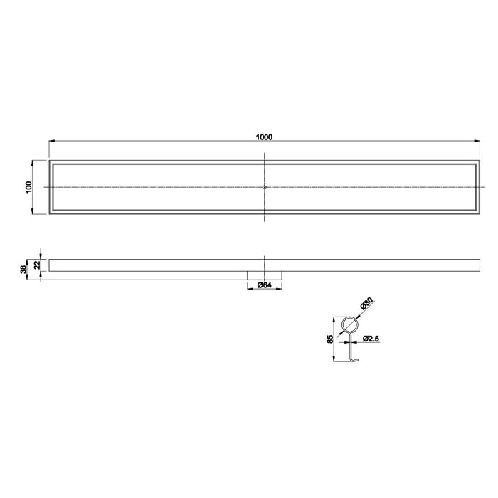Linsol Ezyflow 1000mm Tile Insert Linear Waste DN64 - Matte Black 