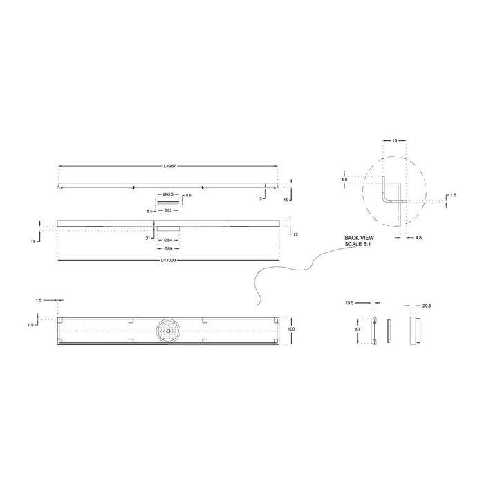 Linsol Ezyflow 1000mm Tile Insert Linear Waste DN89 - Brushed Nickel 