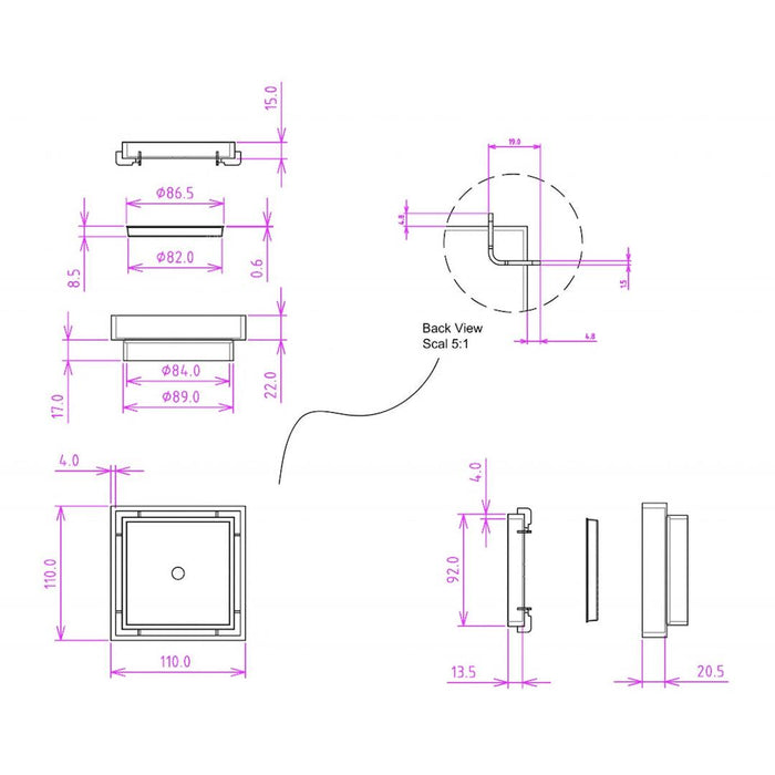 Linsol Ezyflow 110mm Tile Insert Square Waste DN89 - Gunmetal 