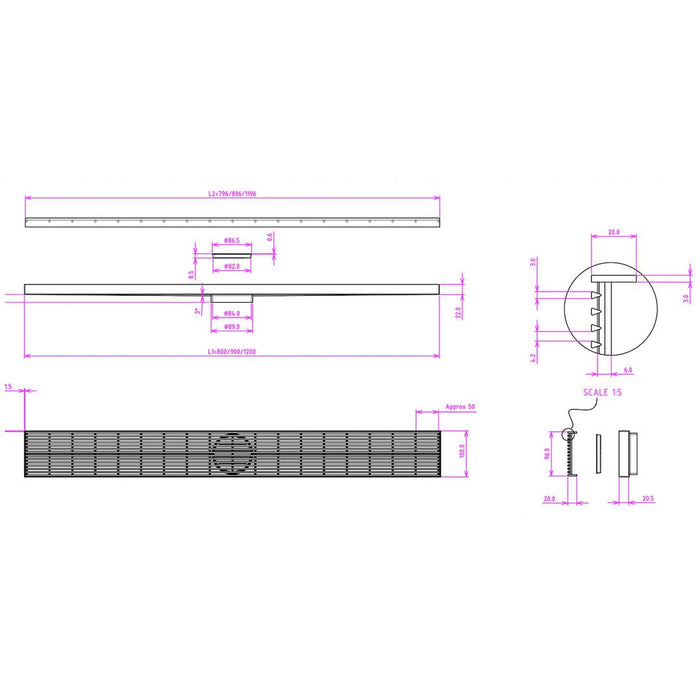 Linsol Ezyflow 1200mm Heelguard Linear Waste DN89 - Brushed Nickel 