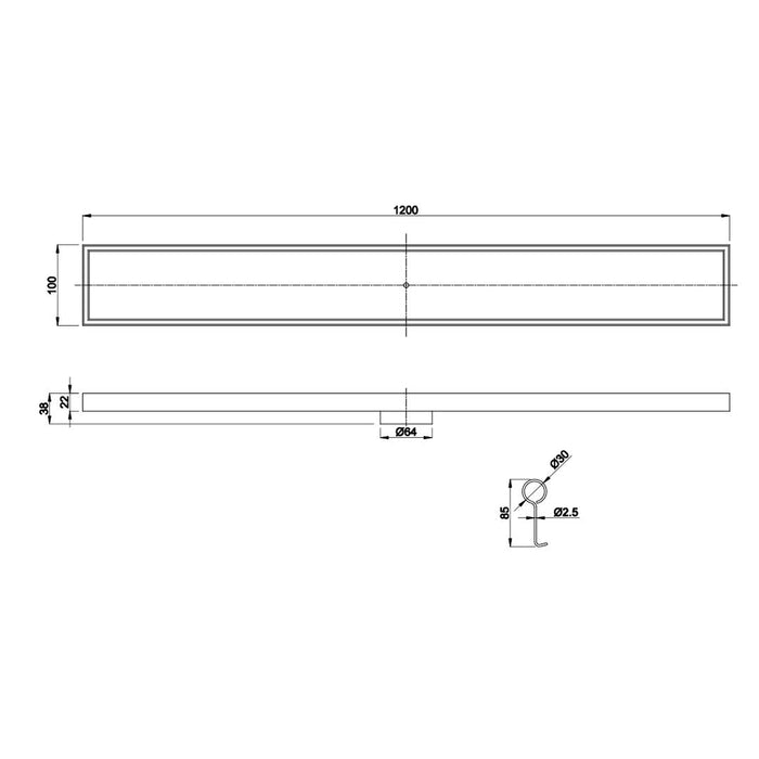 Linsol Ezyflow 1200mm Tile Insert Linear Waste DN64 - Gunmetal 