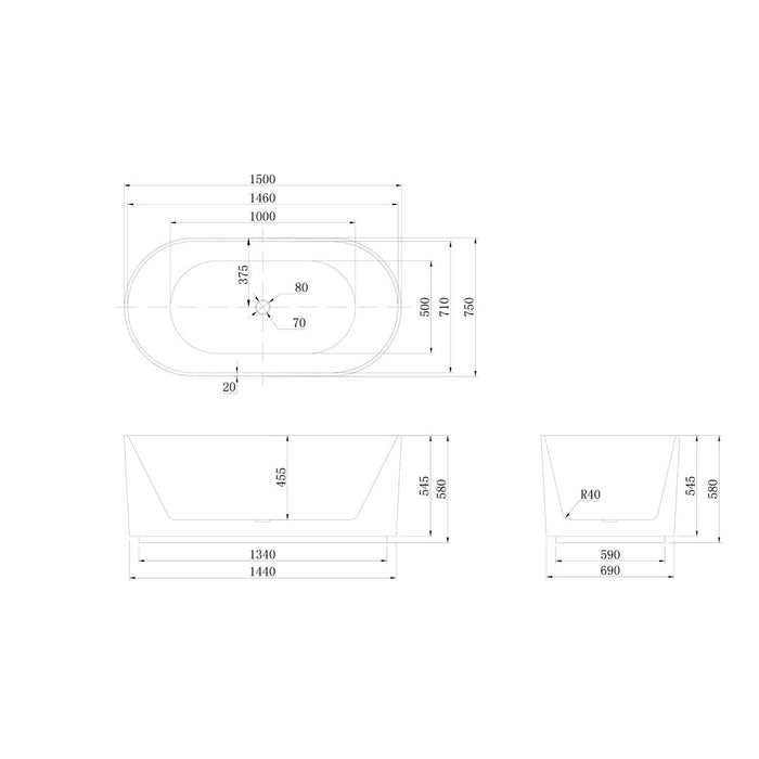 Linsol Lucy 1500mm Freestanding Bath with Overflow - Gloss White 