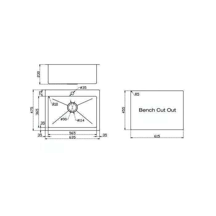 Linsol Quadra 635mm Single Bowl Sink with Tap Landing - Brushed Stainless 
