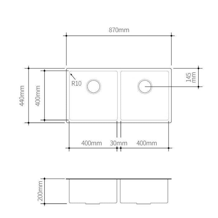 Linsol Quadra 870mm Double Bowl Sink - Brushed Stainless 
