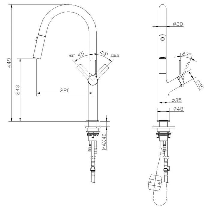 Linsol Tish S2 Pull Out Sink Mixer - Matte Black 