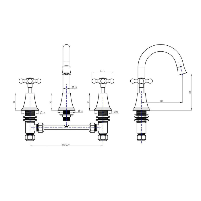 Linsol Vintage Cross Handle Basin Set - Chrome 