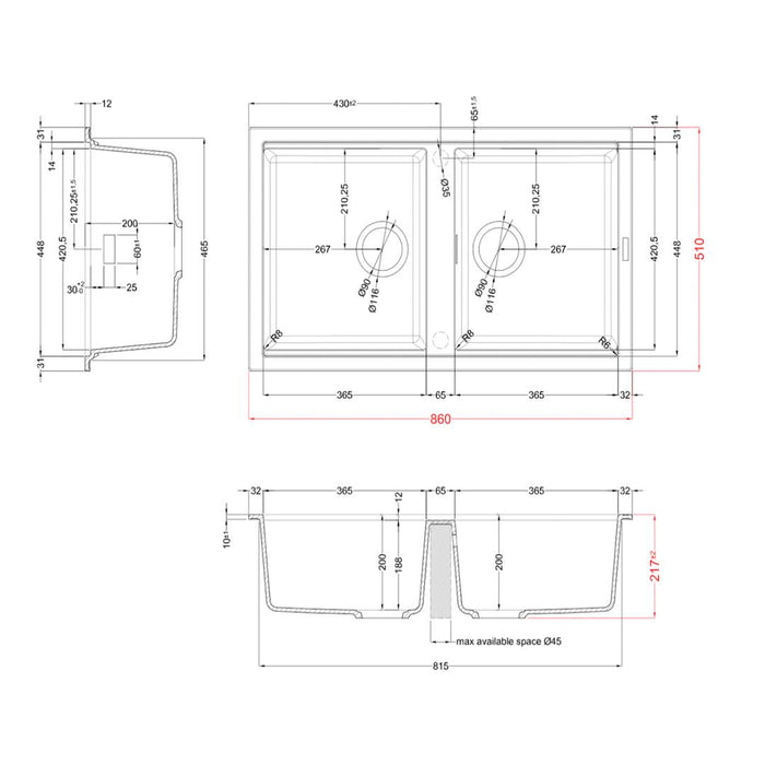 Linsol Zenica Double Bowl Topmount - Matte Black 