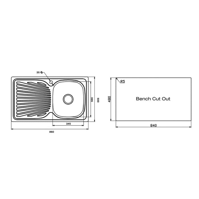Linsol Zero Sink with Left Hand Tray - Brushed Stainless 