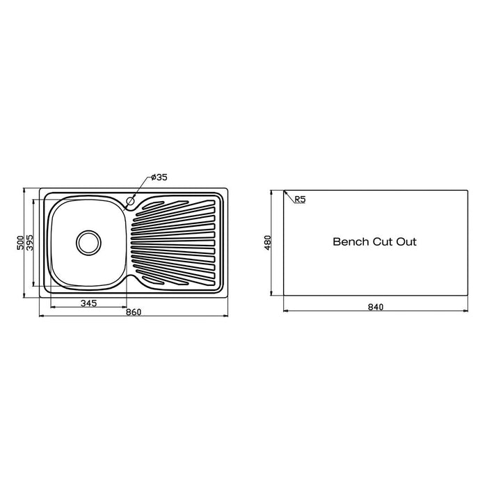 Linsol Zero Sink with Right Hand Tray - Brushed Stainless 