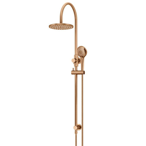 Meir Round Gooseneck Shower Set with 200mm rose, Three-Function Hand Shower - Lustre Bronze-blue-leaf-bathware