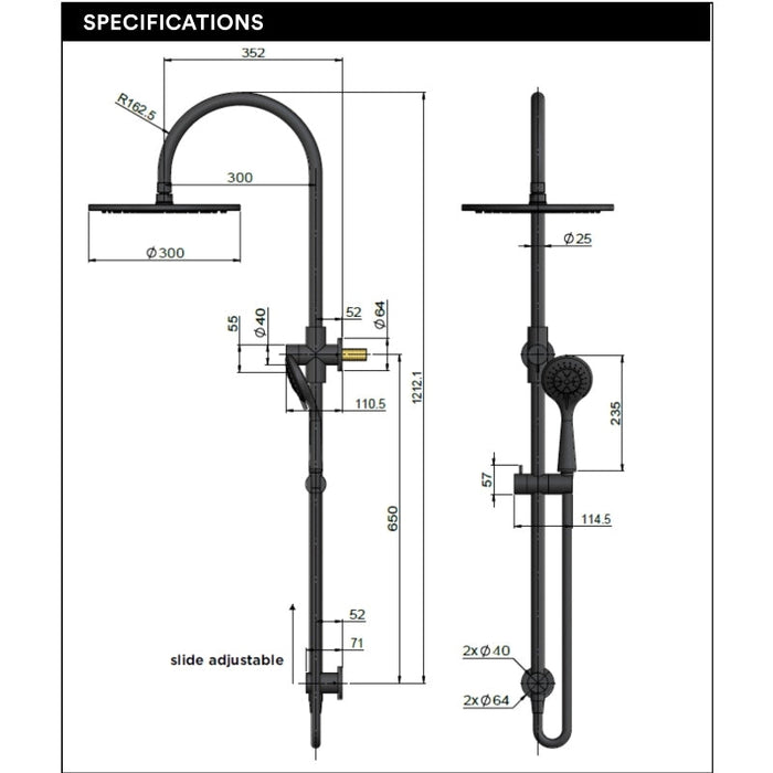 Meir 300mm Round Overhead Shower Rail, Three Function Hand Shower - Lustre Bronze-blue-leaf-bathware