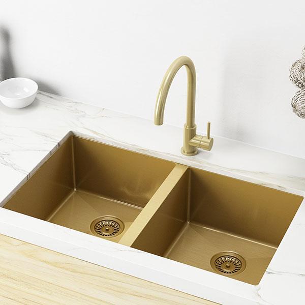 Meir Double Bowl Kitchen Sink 860mm - Brushed Bronze Gold-MKSP-D860440-BB-blue-leaf-bathware