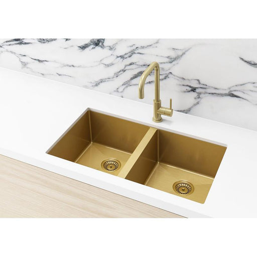 Meir Lavello Kitchen Sink - Double Bowl 760 x 440 - Brushed Bronze Gold-blue-leaf-bathware