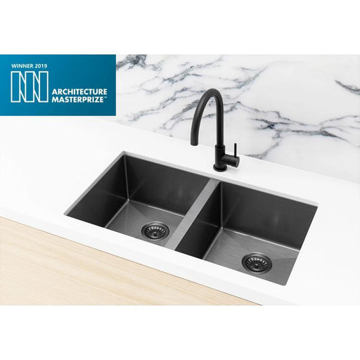 Meir Lavello Kitchen Sink - Double Bowl 760 x 440 - Gunmetal Black-blue-leaf-bathware