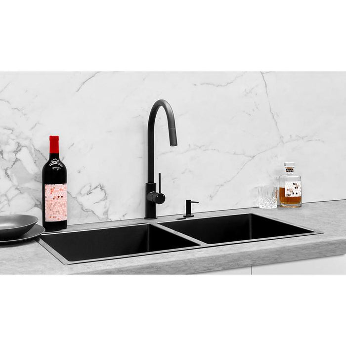 Meir Lavello Kitchen Sink - Double Bowl 860 x 440 - PVD Gunmetal Black-blue-leaf-bathware