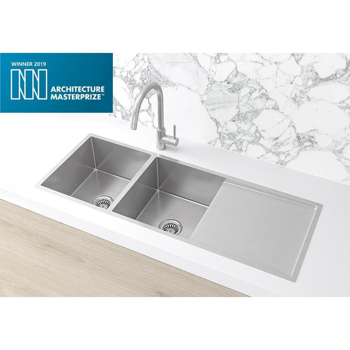 Meir Lavello Kitchen Sink - Double Bowl & Drainboard 1160 x 440 - PVD Brushed Nickel-blue-leaf-bathware