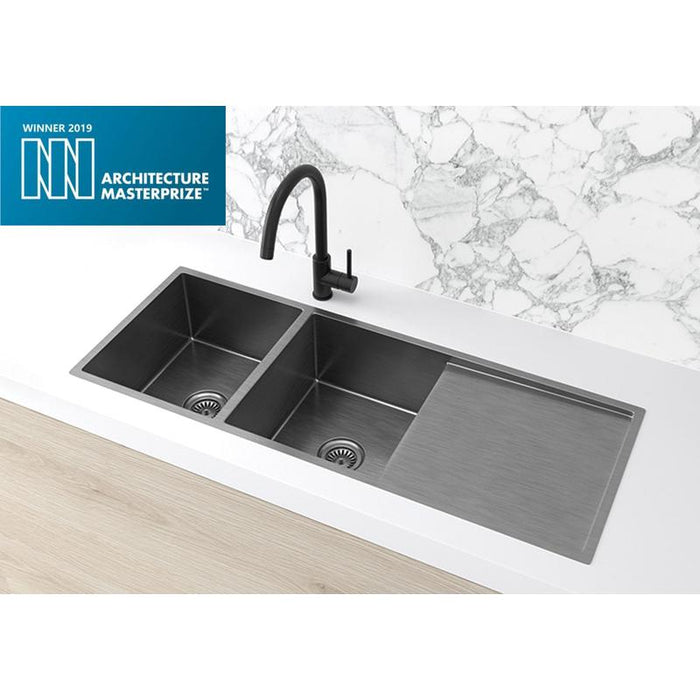 Meir Lavello Kitchen Sink - Double Bowl & Drainboard 1160 x 440 - PVD Gunmetal Black-blue-leaf-bathware