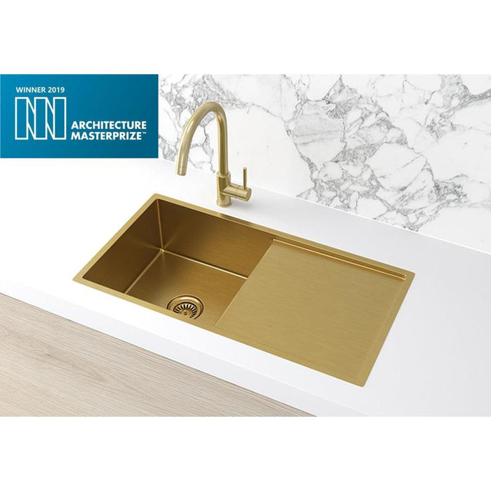 Meir Lavello Kitchen Sink - Single Bowl & Drainboard 840 x 440 - Brushed Bronze Gold-blue-leaf-bathware