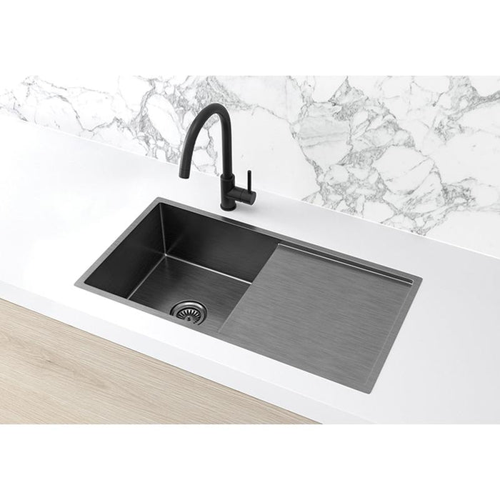 Meir Lavello Kitchen Sink - Single Bowl & Drainboard 840 x 440 - PVD Gunmetal Black-blue-leaf-bathware