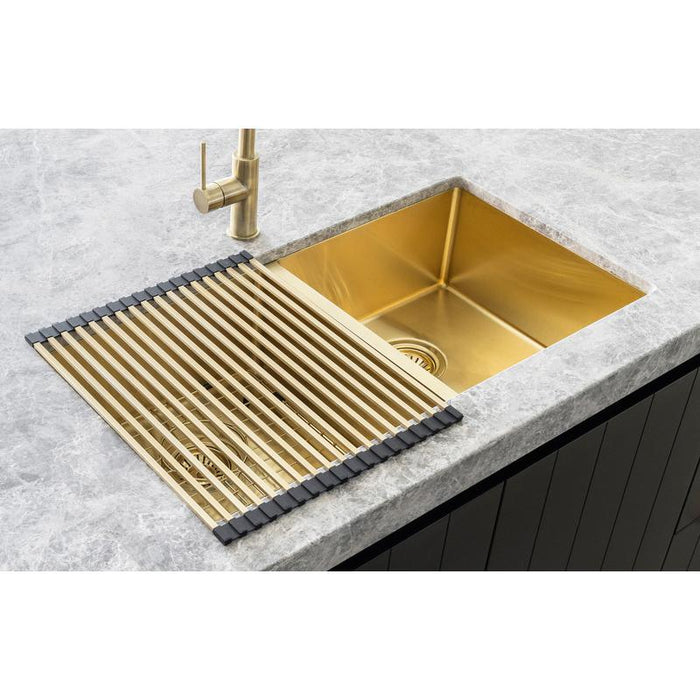 Meir Lavello Stainless Steel rolling mat protector - Brushed Bronze Gold-blue-leaf-bathware