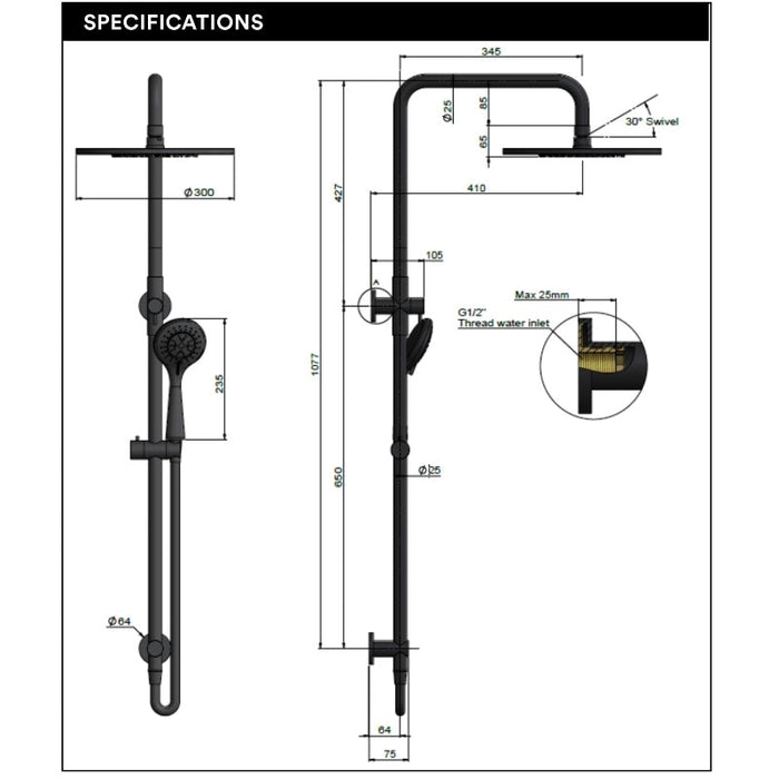 Meir Round Combination Shower Rail 300mm Rose, Three Function Hand Shower - Lustre Bronze-MZ0706-PVDBZ-blue-leaf-bathware