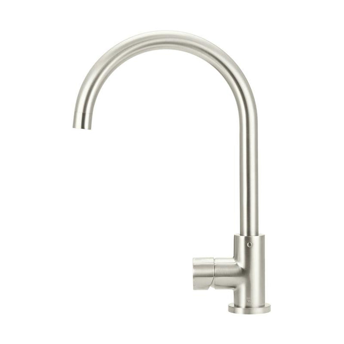 Meir Round Gooseneck Kitchen Mixer Tap with Pinless Handle - PVD Brushed Nickel-blue-leaf-bathware