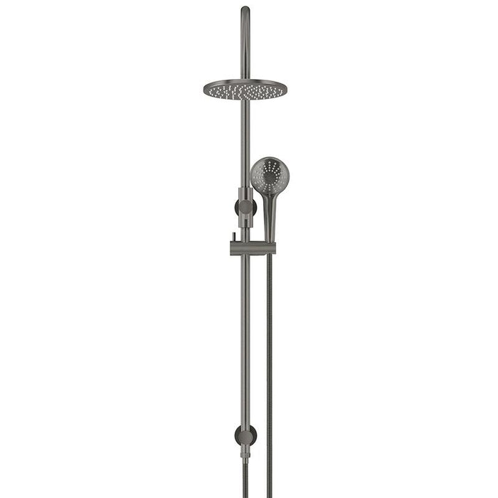 Meir Round Gooseneck Shower Set with 200mm rose, Three-Function Hand Shower - Shadow Gunmetal-blue-leaf-bathware