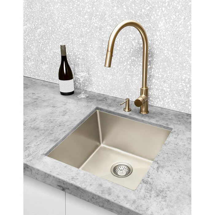 Meir Round Pinless Piccola Pull Out Kitchen Mixer Tap - Champagne-blue-leaf-bathware