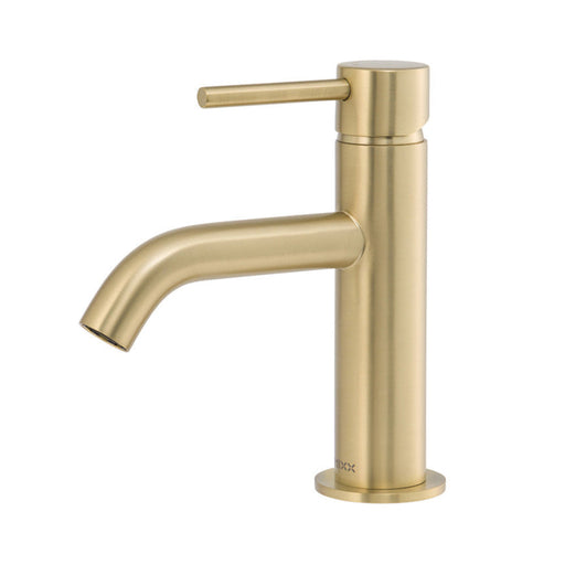 Mixx Anise Eco Basin Mixer Curved Spout - Brushed Gold-Blue Leaf Bathware &amp; Tiles