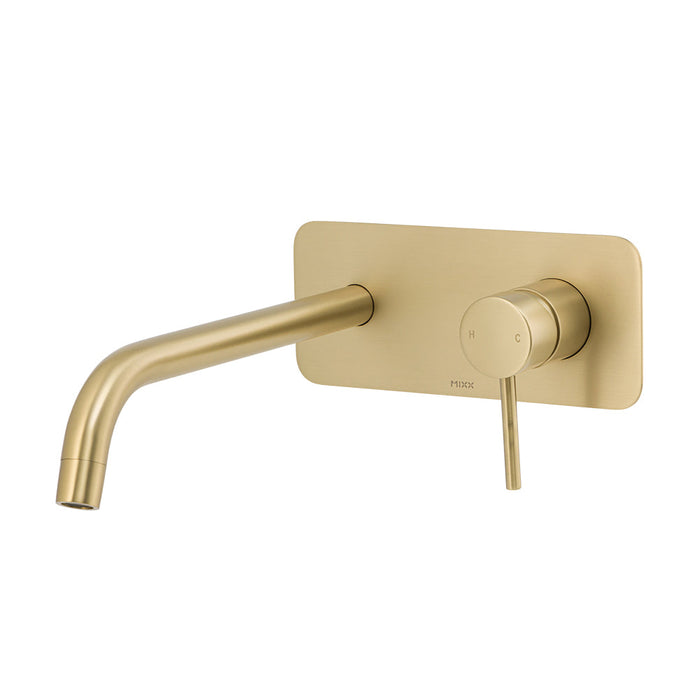 Mixx Anise Wall Plate Mixer With 250mm Spout Trim Kit - Brushed Gold-Blue Leaf Bathware &amp; Tiles