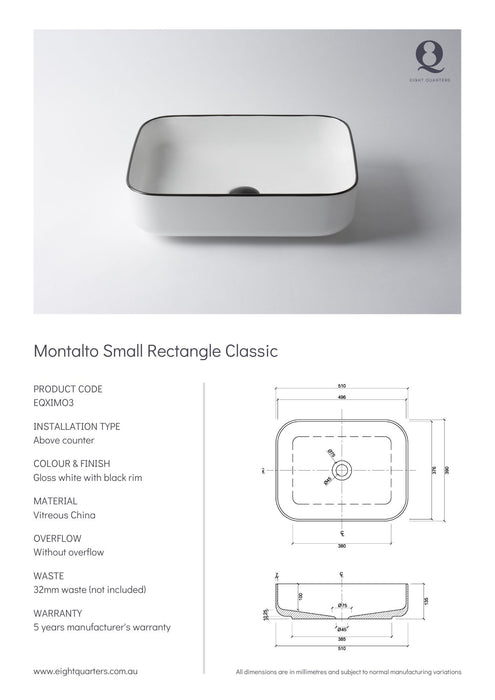 Eight Quarters Montalto Small Rectangle Classic Specifications