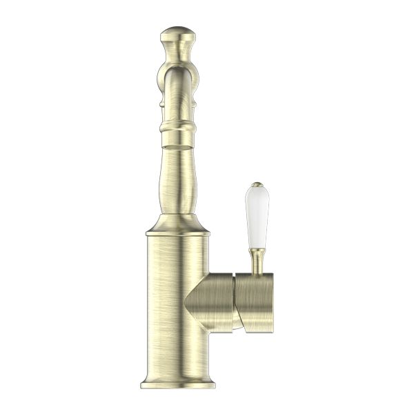 Nero York Basin Mixer With White Porcelain Lever - Aged Brass-NR69210101AB-blue-leaf-bathware