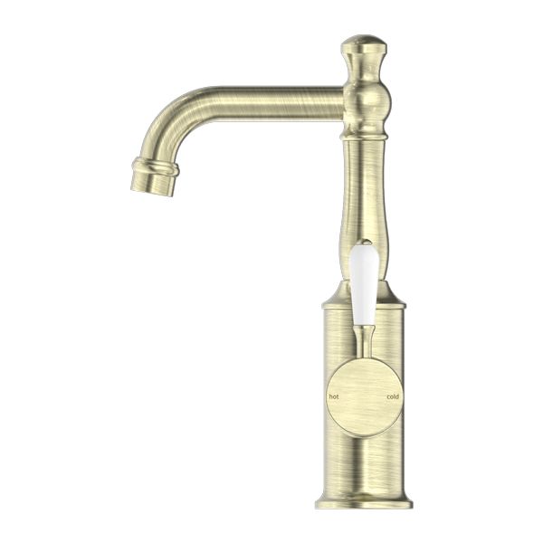 Nero York Basin Mixer With White Porcelain Lever - Aged Brass-NR69210101AB-blue-leaf-bathware