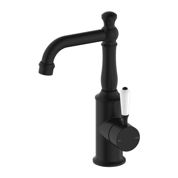 Nero York Basin Mixer With White Porcelain Lever - Matte Black-NR69210101MB-blue-leaf-bathware