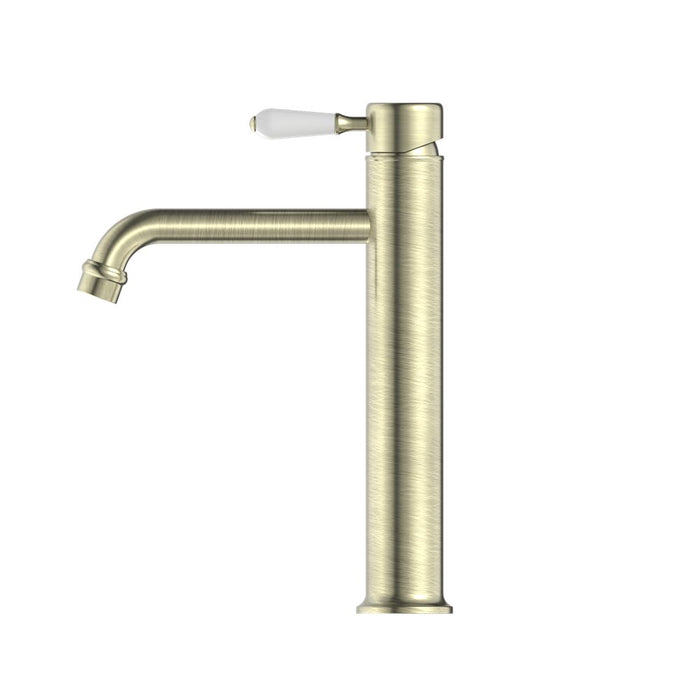 Nero York Straight Tall Basin Mixer With White Porcelain Lever - Aged Brass-NR692101a01AB-blue-leaf-bathware