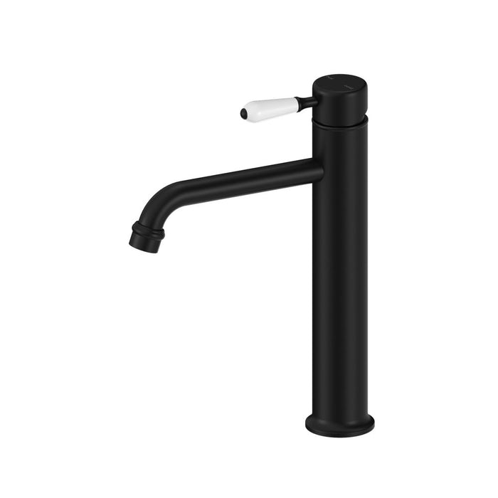 Nero York Straight Tall Basin Mixer With White Porcelain Lever - Matte Black-NR692101a01MB-blue-leaf-bathware