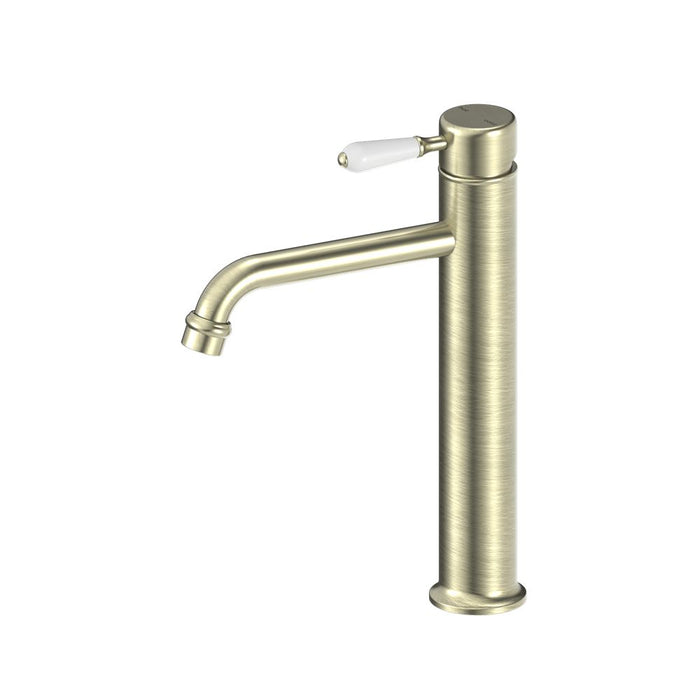 Nero York Straight Tall Basin Mixer With White Porcelain Lever - Aged Brass-NR692101a01AB-blue-leaf-bathware